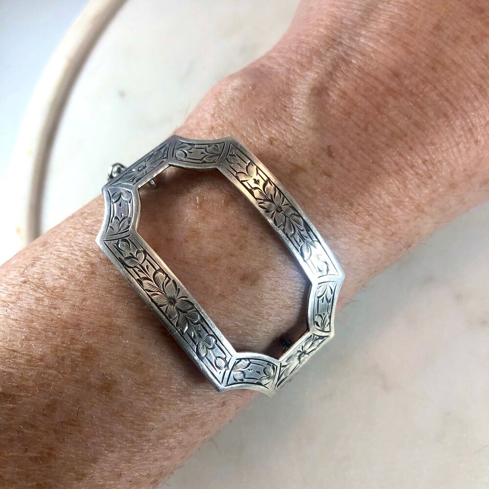 Antique Sterling Silver Bracelet Floral Engraving Stainless Steel Band